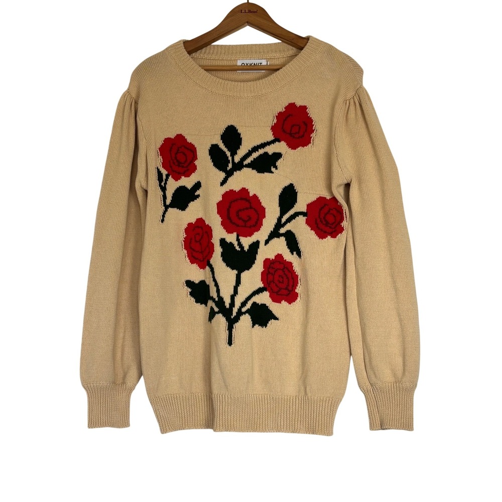 OXKNIT Womens Tan Cotton Rose Floral Crewneck Puffed Sleeve Sweater Size L